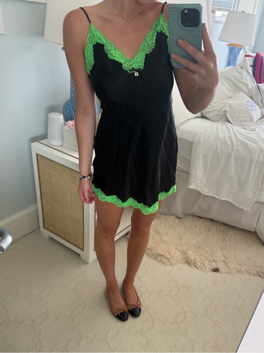 Alexander Wang Black Slip Dress with Neon Green Lace Trim